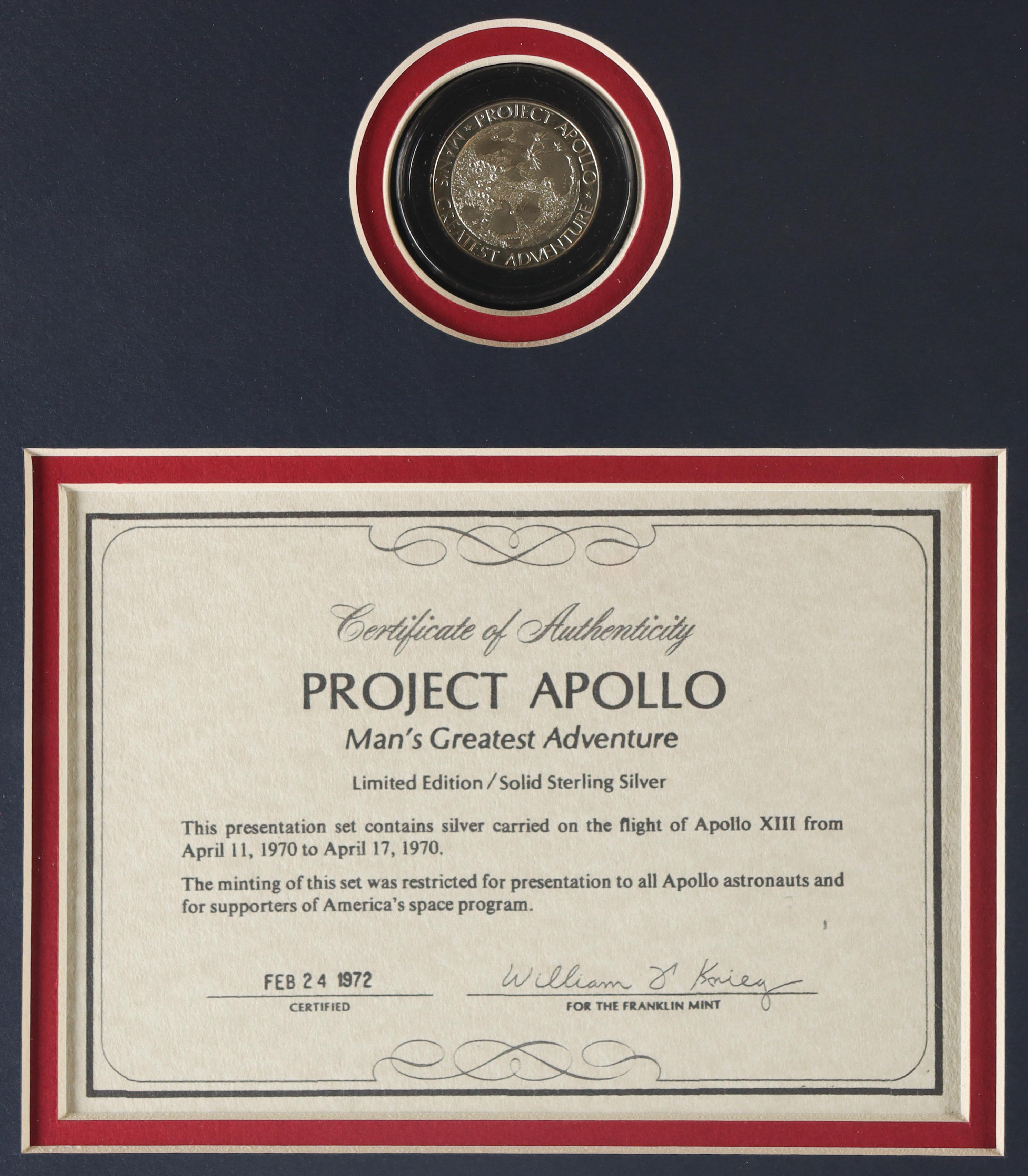 Apollo 13 Custom Framed On-Flight Silver Coin Display | Silver Carried on Flight of Apollo 13 (Franklin Mint) at PristineAuction.com Apollo 13 Custom Framed On-Flight Silver Coin Display | Silver Carried on Flight of Apollo 13 (Franklin Mint) at PristineAuction.com