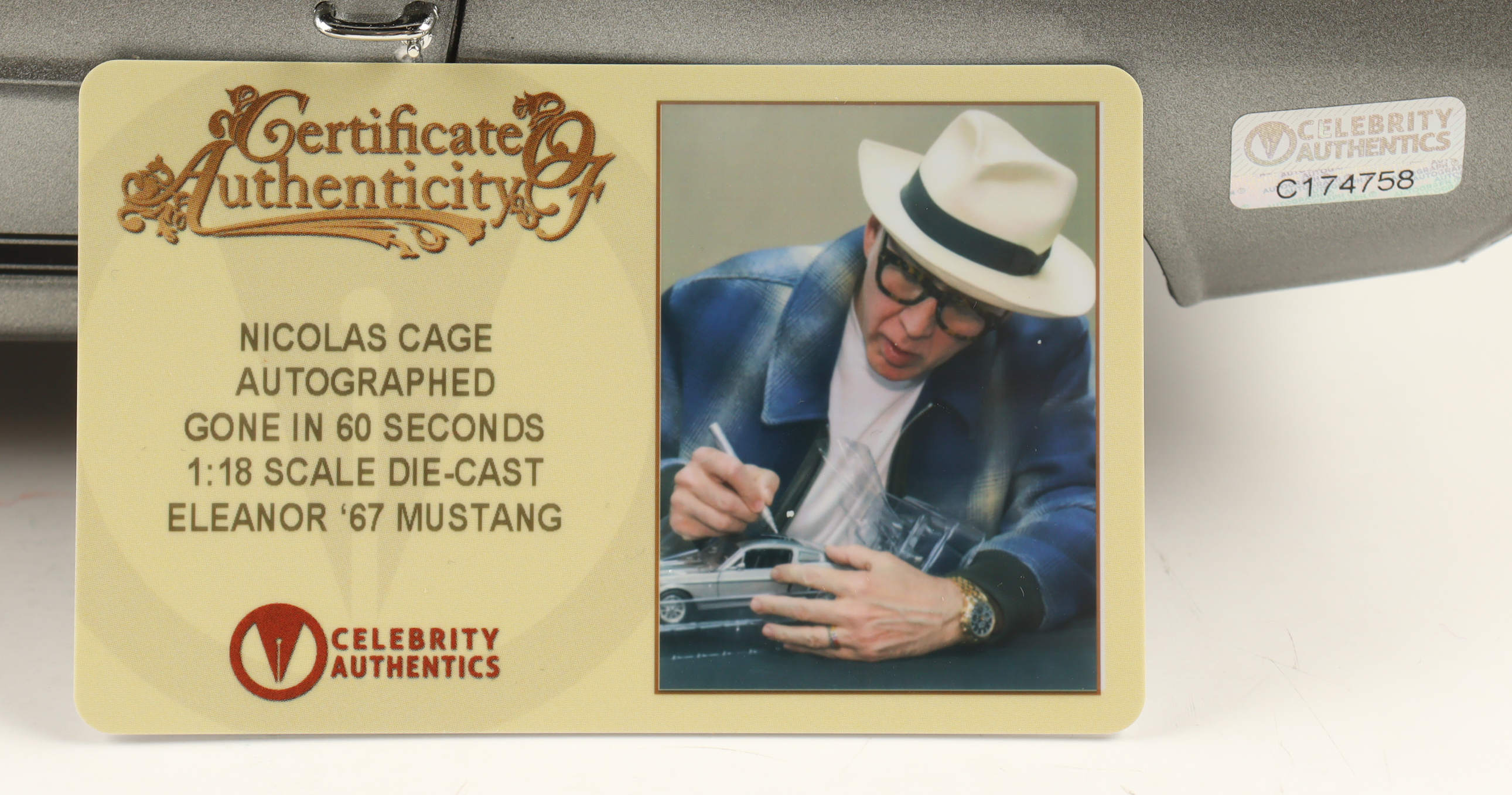 Nicolas Cage Signed "Gone in 60 Seconds" Eleanor 1967 Mustang 1:18 Scale Die-Cast Car (Celebrity Authentics) at PristineAuction.com Nicolas Cage Signed "Gone in 60 Seconds" Eleanor 1967 Mustang 1:18 Scale Die-Cast Car (Celebrity Authentics) at PristineAuction.com