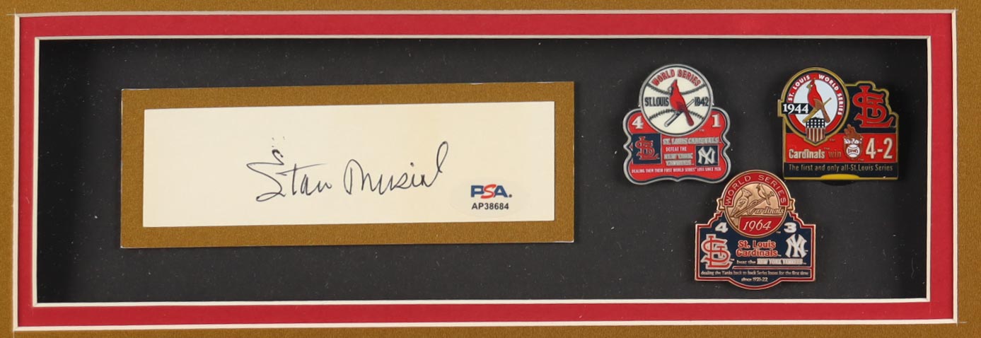 Stan Musial Signed Cut Cardinals Custom Framed Cut Display with Jersey & (3) World Series Pins (PSA) at PristineAuction.com Stan Musial Signed Cut Cardinals Custom Framed Cut Display with Jersey & (3) World Series Pins (PSA) at PristineAuction.com