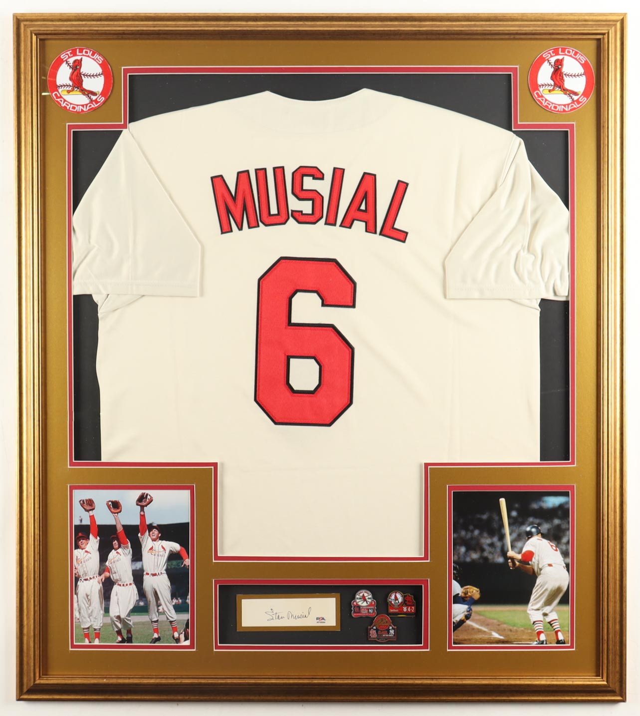 Stan Musial Signed Cut Cardinals Custom Framed Cut Display with Jersey & (3) World Series Pins (PSA) at PristineAuction.com Stan Musial Signed Cut Cardinals Custom Framed Cut Display with Jersey & (3) World Series Pins (PSA) at PristineAuction.com