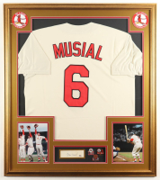 Stan Musial Signed Cut Cardinals Custom Framed Cut Display with Jersey & (3) World Series Pins (PSA) at PristineAuction.com