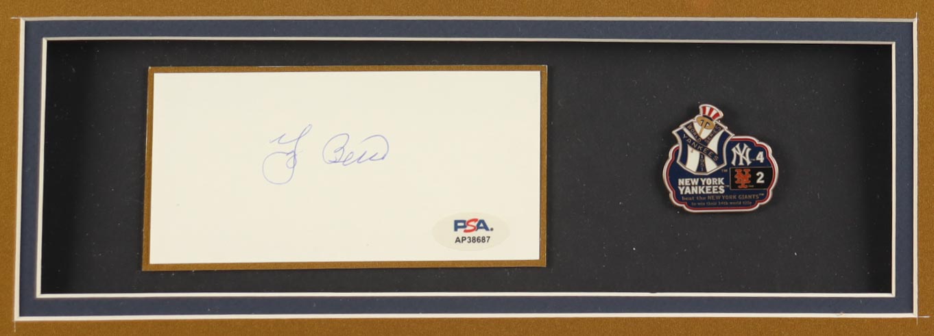 Yogi Berra Signed Custom Framed Cut Display with Jersey & Yankees World Series Pin (PSA) at PristineAuction.com Yogi Berra Signed Custom Framed Cut Display with Jersey & Yankees World Series Pin (PSA) at PristineAuction.com