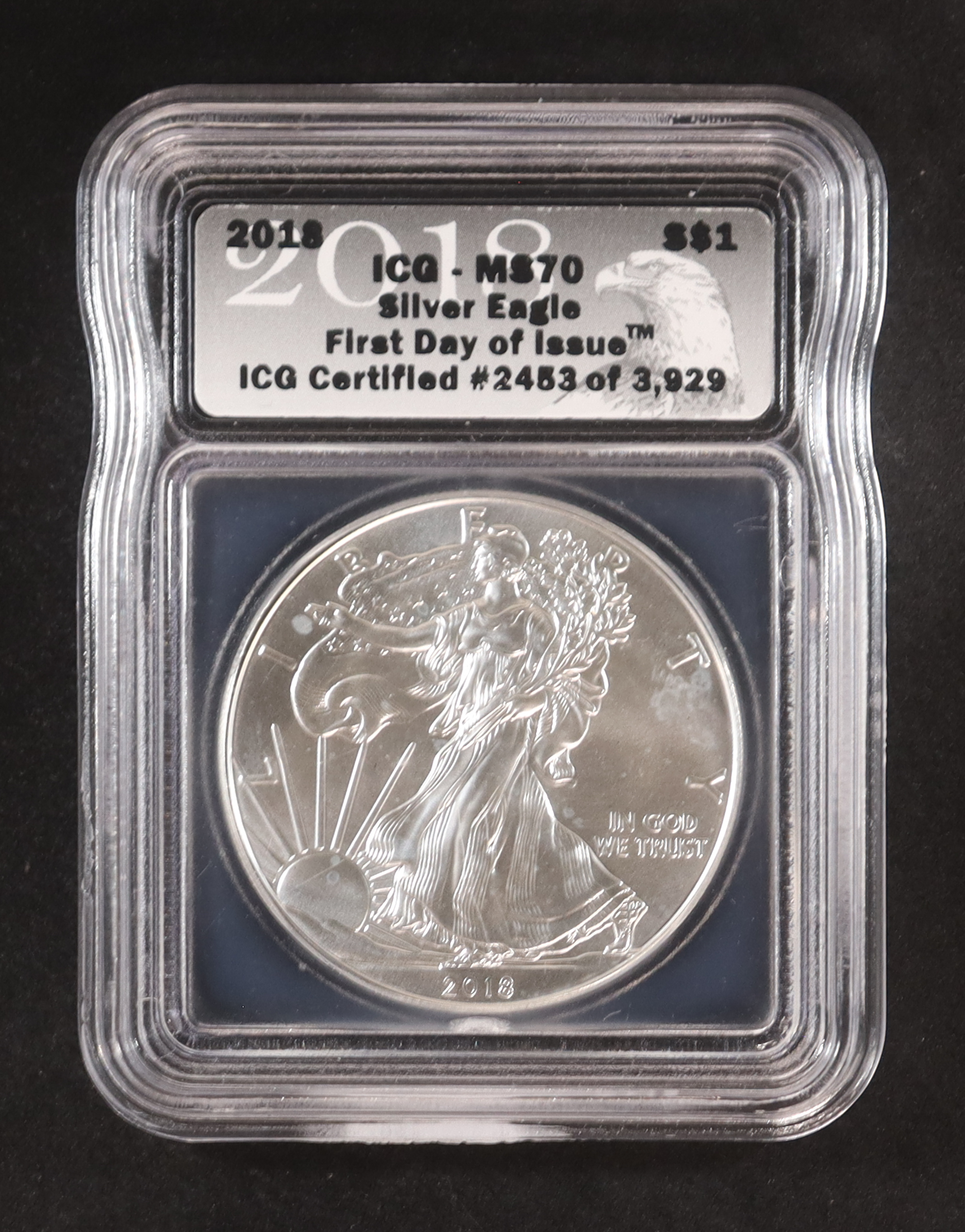 2018 American $1 Dollar Silver Eagle, First Day of Issue Certified #2453/3929 (ICG MS70) at PristineAuction.com 2018 American $1 Dollar Silver Eagle, First Day of Issue Certified #2453/3929 (ICG MS70) at PristineAuction.com
