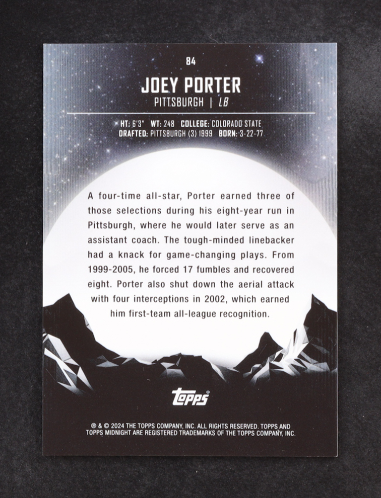 Joey Porter 2024 Topps Midnight Twilight #84 #84/99 at PristineAuction.com Joey Porter 2024 Topps Midnight Twilight #84 #84/99 at PristineAuction.com