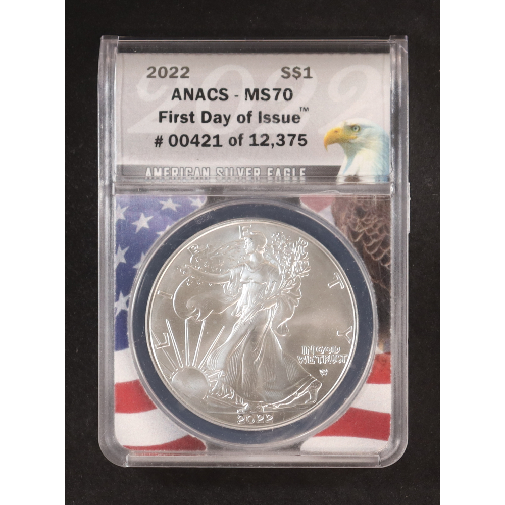 2022 American $1 Dollar Silver Eagle, First Day of Issue Certified #421/12,299 (ANACS MS70) at PristineAuction.com