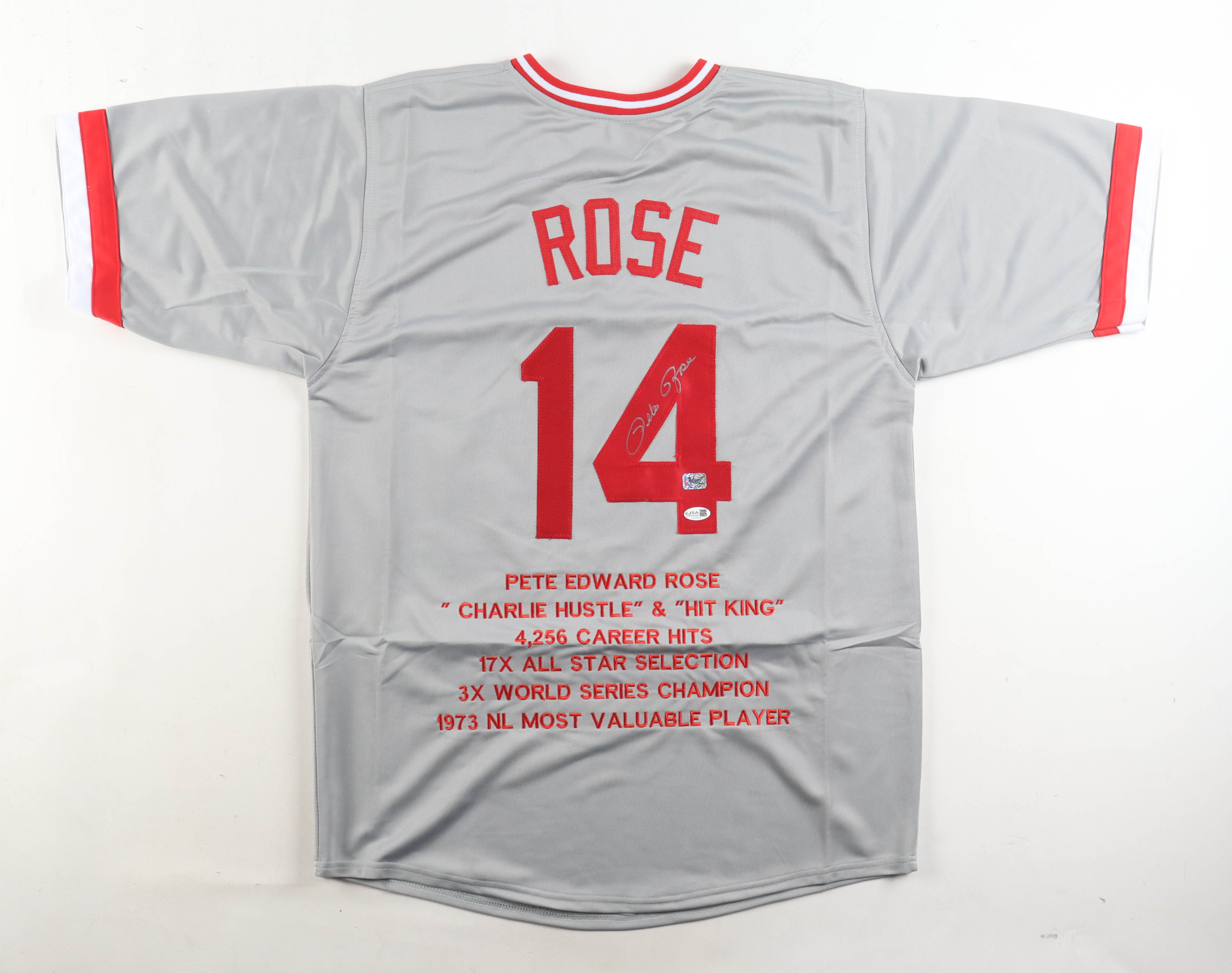 Pete Rose Signed Career Highlight Stat Jersey (JSA & Rose) at PristineAuction.com Pete Rose Signed Career Highlight Stat Jersey (JSA & Rose) at PristineAuction.com