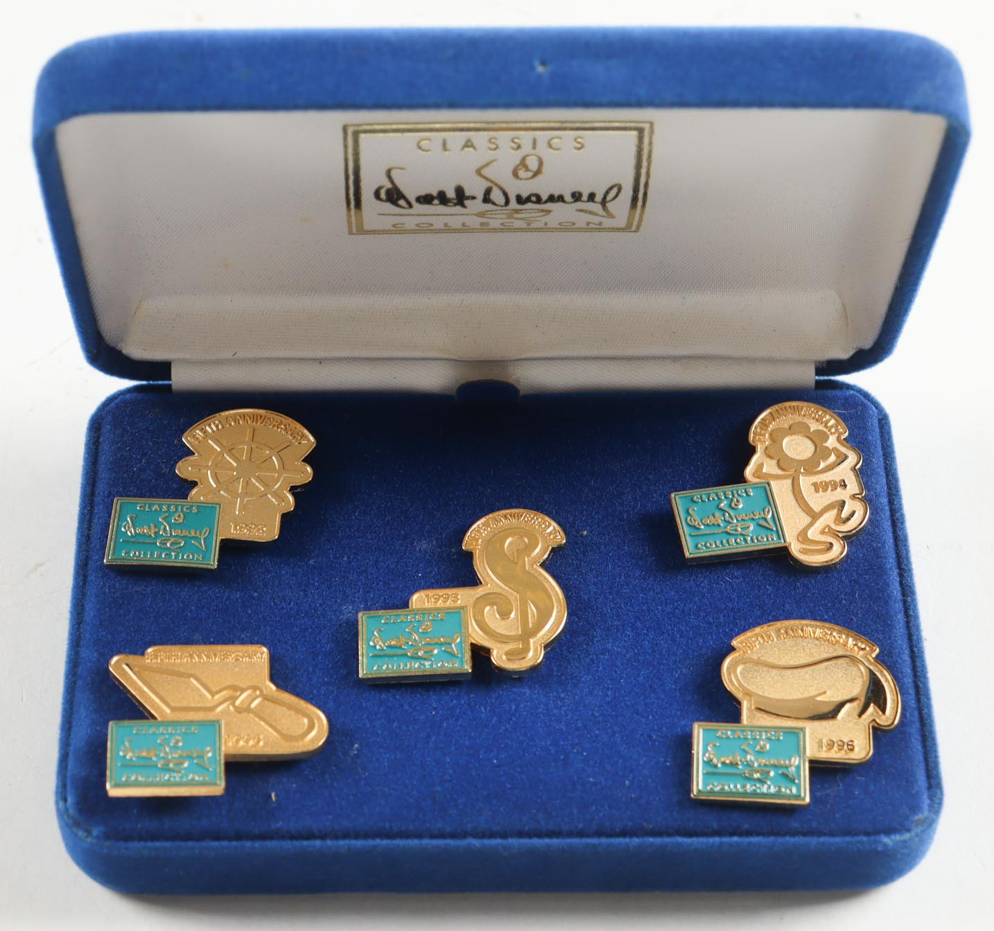 Disney Classics Vintage Gold Pin Set in Blue Felt Original Disney Box at PristineAuction.com Disney Classics Vintage Gold Pin Set in Blue Felt Original Disney Box at PristineAuction.com