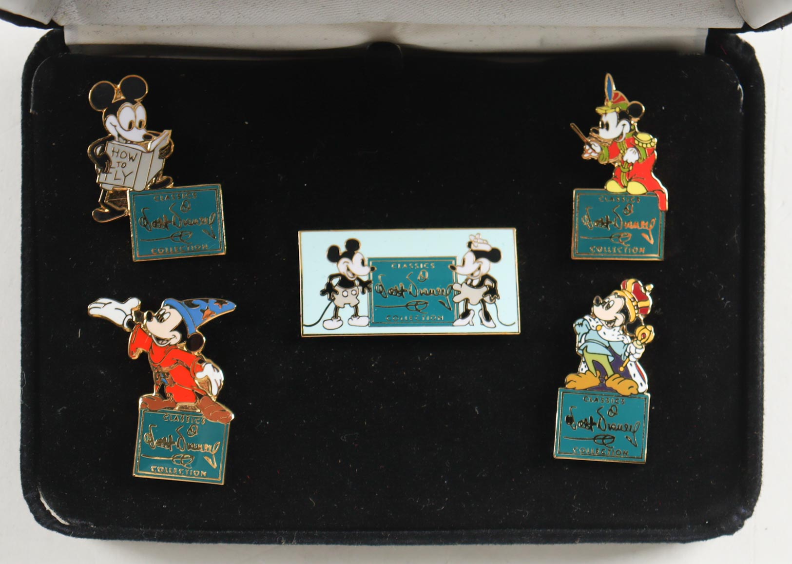 Disney Vintage Mickey Mouse Pin Set in Black Felt Original Disney Box at PristineAuction.com Disney Vintage Mickey Mouse Pin Set in Black Felt Original Disney Box at PristineAuction.com
