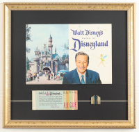 1958 "Walt Disney's Guide To Disneyland" Custom Framed Guide Display with Vintage Ticket Book & Gold Pin at PristineAuction.com