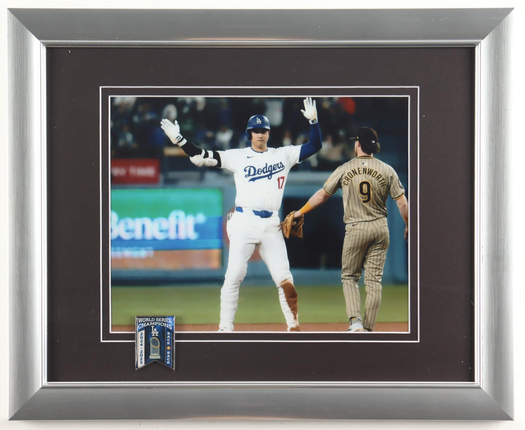 Shohei Ohtani Custom Framed Photo Display with Dodgers World Series Pin at PristineAuction.com Shohei Ohtani Custom Framed Photo Display with Dodgers World Series Pin at PristineAuction.com