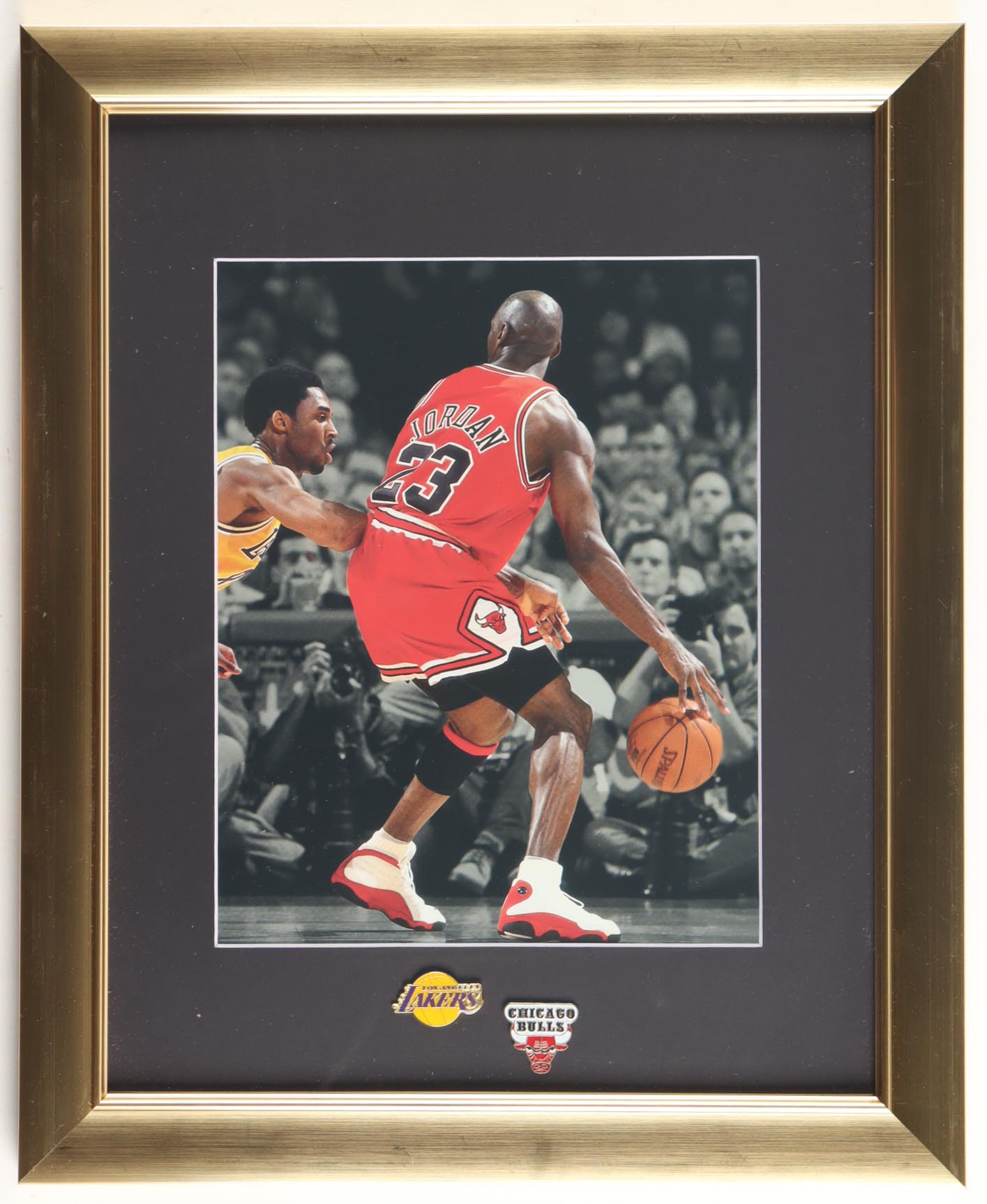 "Kobe vs Jordan" Custom Framed Photo Display with Lakers & Bulls Logo Pins at PristineAuction.com "Kobe vs Jordan" Custom Framed Photo Display with Lakers & Bulls Logo Pins at PristineAuction.com