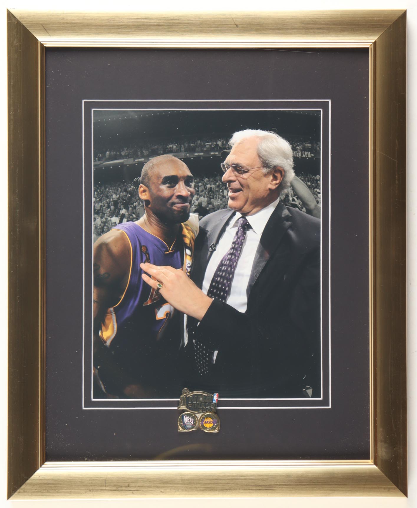 "Kobe & Phil Jackson" Custom Framed Photo Display with Lakers Championship Pin at PristineAuction.com "Kobe & Phil Jackson" Custom Framed Photo Display with Lakers Championship Pin at PristineAuction.com