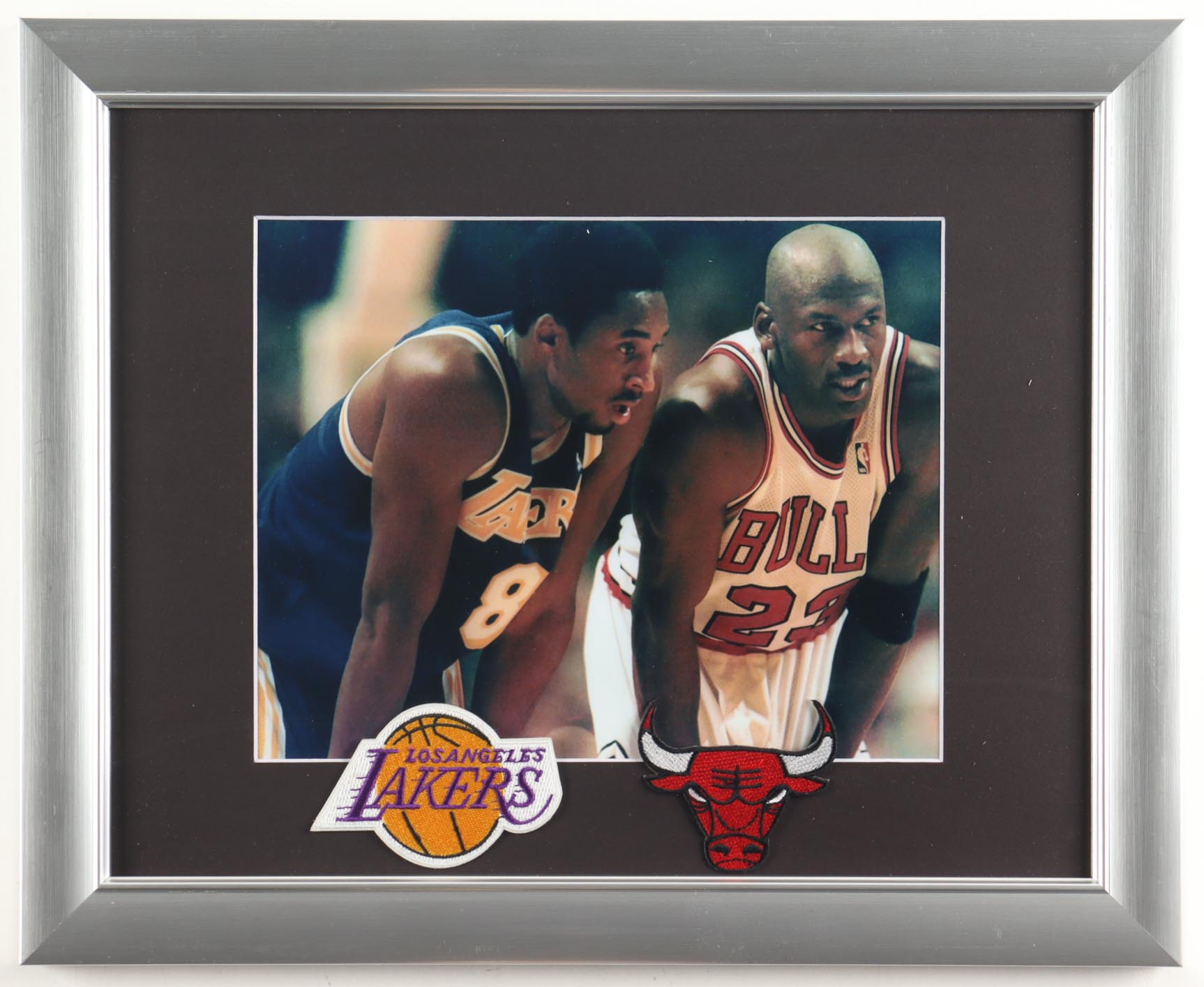 "Kobe vs Jordan" Custom Framed Photo Display with Lakers & Bulls Logo Patch Set at PristineAuction.com "Kobe vs Jordan" Custom Framed Photo Display with Lakers & Bulls Logo Patch Set at PristineAuction.com