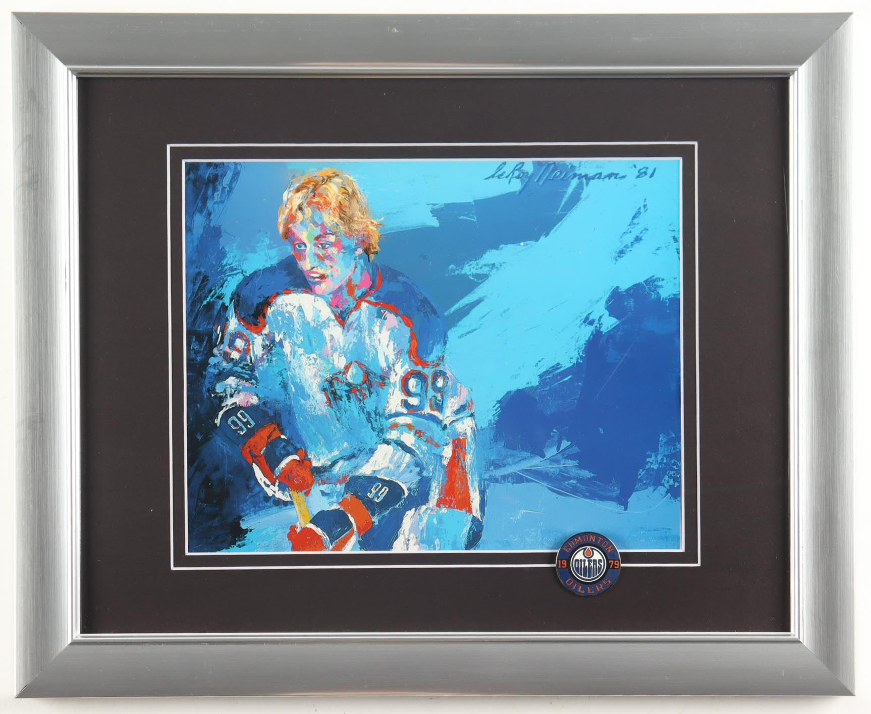 "Wayne Gretzky" Custom Framed Neiman Art Print Display with Oilers Rookie Pin at PristineAuction.com "Wayne Gretzky" Custom Framed Neiman Art Print Display with Oilers Rookie Pin at PristineAuction.com