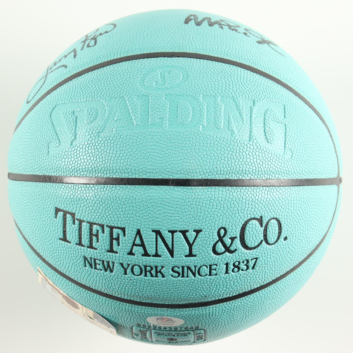 Magic Johnson & Larry Bird Signed Tiffany & Co X Basketball with Display Case (Beckett & PSA) at PristineAuction.com Magic Johnson & Larry Bird Signed Tiffany & Co X Basketball with Display Case (Beckett & PSA) at PristineAuction.com
