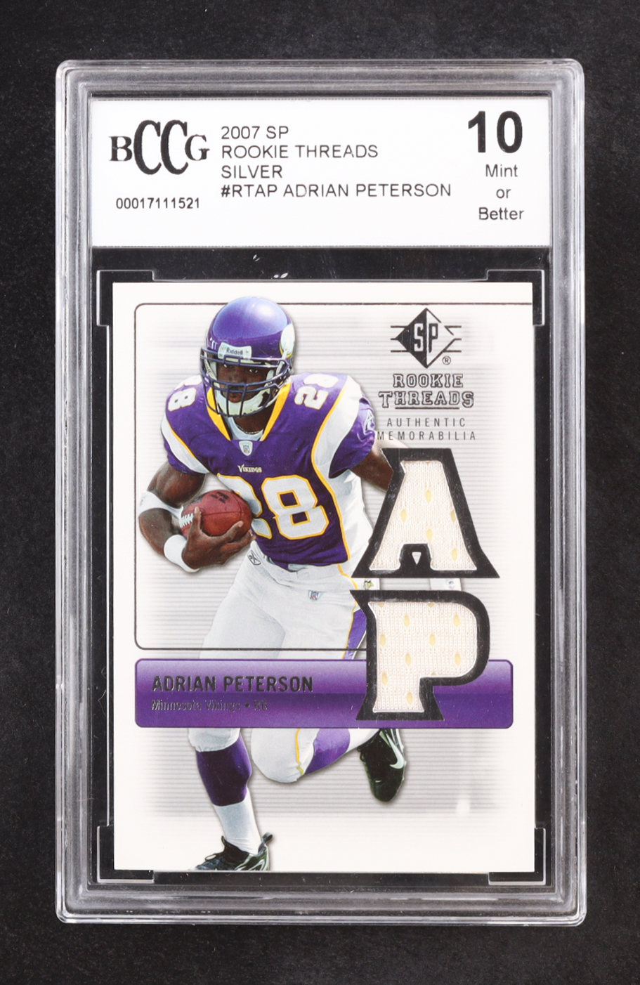 Adrian Peterson 2007 SP Rookie Threads Rookie Threads Silver #RTAP RC (BCCG 10) at PristineAuction.com Adrian Peterson 2007 SP Rookie Threads Rookie Threads Silver #RTAP RC (BCCG 10) at PristineAuction.com