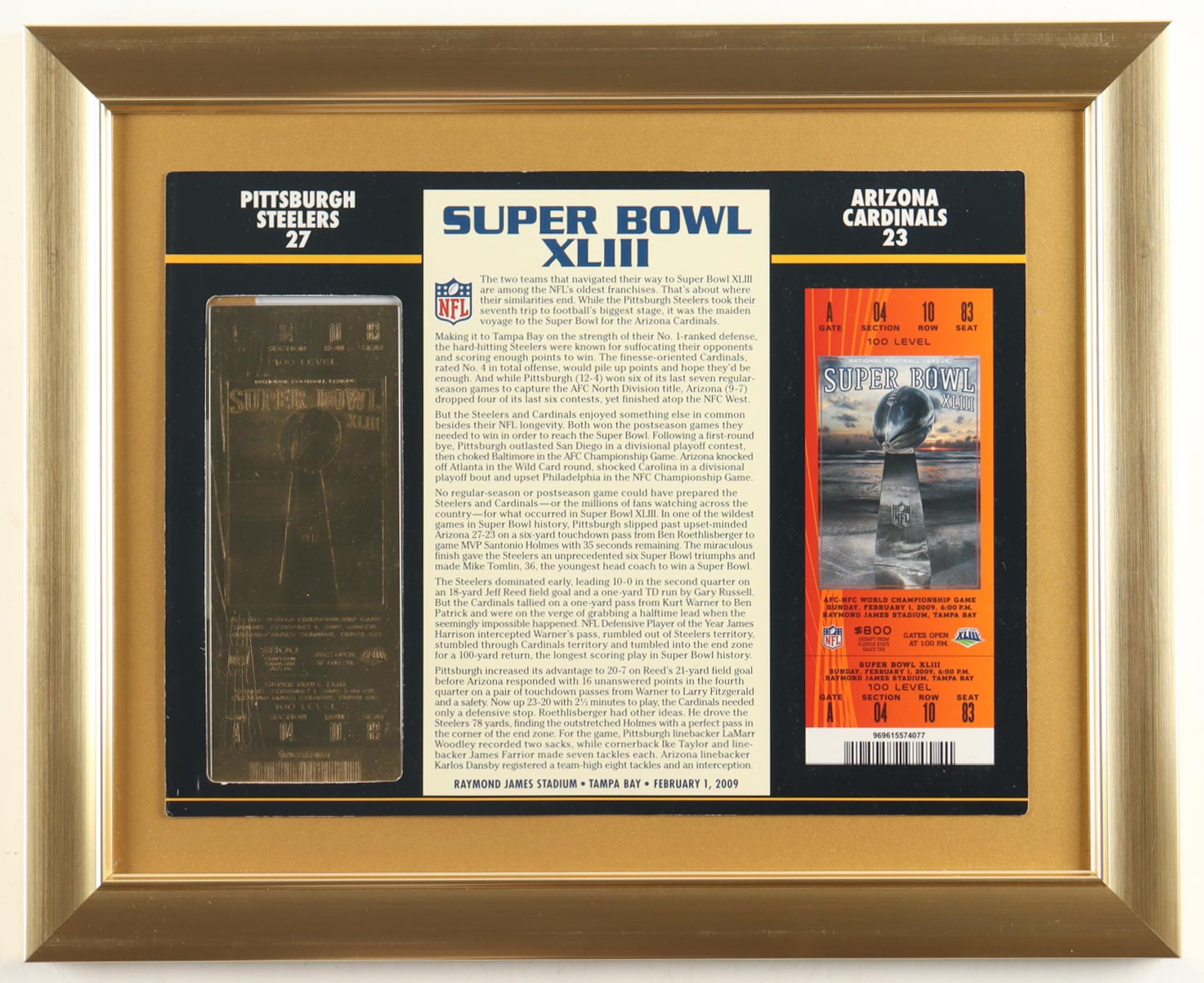 Super Bowl XLIII Commemorative Score Card with 23KT Gold Ticket Framed Display at PristineAuction.com Super Bowl XLIII Commemorative Score Card with 23KT Gold Ticket Framed Display at PristineAuction.com