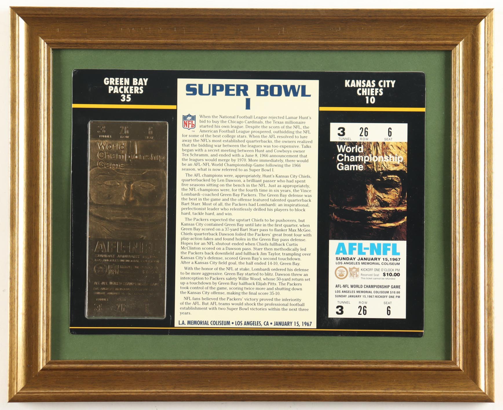 Super Bowl I Commemorative Score Card with 23KT Gold Ticket Framed Display at PristineAuction.com Super Bowl I Commemorative Score Card with 23KT Gold Ticket Framed Display at PristineAuction.com