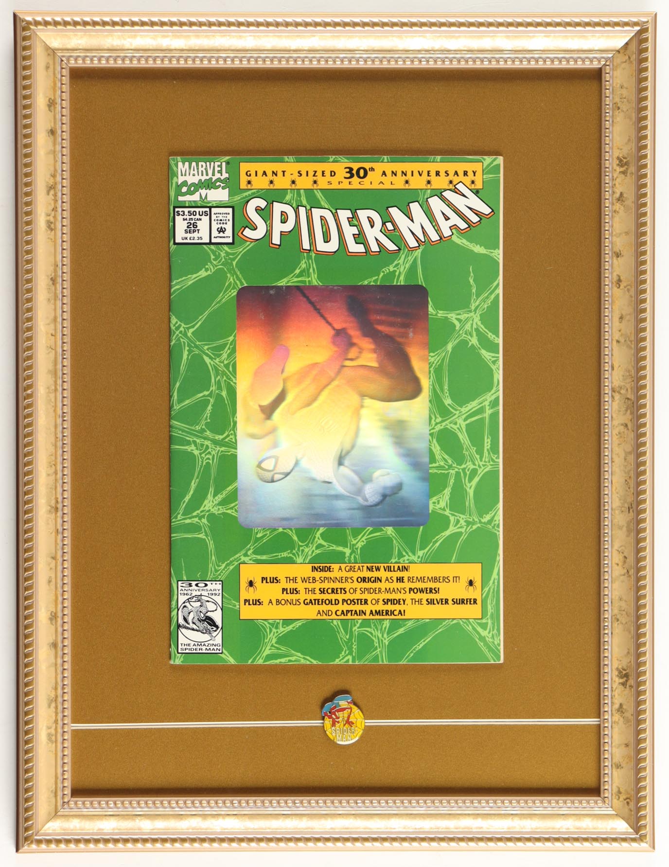 1992 "Spider-Man" Issue #26 Custom Framed Marvel Comic Book Display with Spider-Man Pin at PristineAuction.com 1992 "Spider-Man" Issue #26 Custom Framed Marvel Comic Book Display with Spider-Man Pin at PristineAuction.com