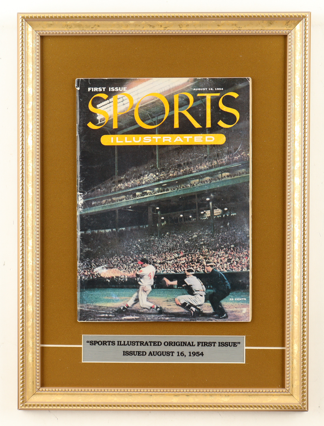 1954 First Issue "Sports Illustrated" Custom Framed Magazine Display with Title Plaque at PristineAuction.com 1954 First Issue "Sports Illustrated" Custom Framed Magazine Display with Title Plaque at PristineAuction.com