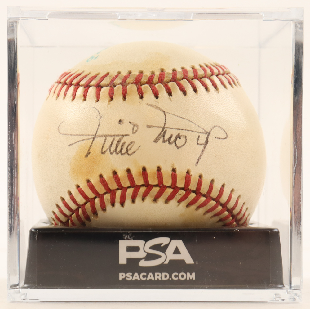 Willie Mays & Joe DiMaggio Signed ONL Baseball with Display Case (PSA Auto 8) at PristineAuction.com Willie Mays & Joe DiMaggio Signed ONL Baseball with Display Case (PSA Auto 8) at PristineAuction.com