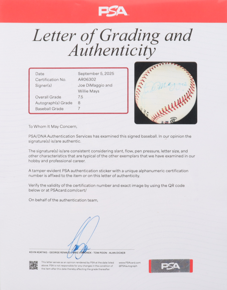 Willie Mays & Joe DiMaggio Signed ONL Baseball with Display Case (PSA Auto 8) at PristineAuction.com Willie Mays & Joe DiMaggio Signed ONL Baseball with Display Case (PSA Auto 8) at PristineAuction.com