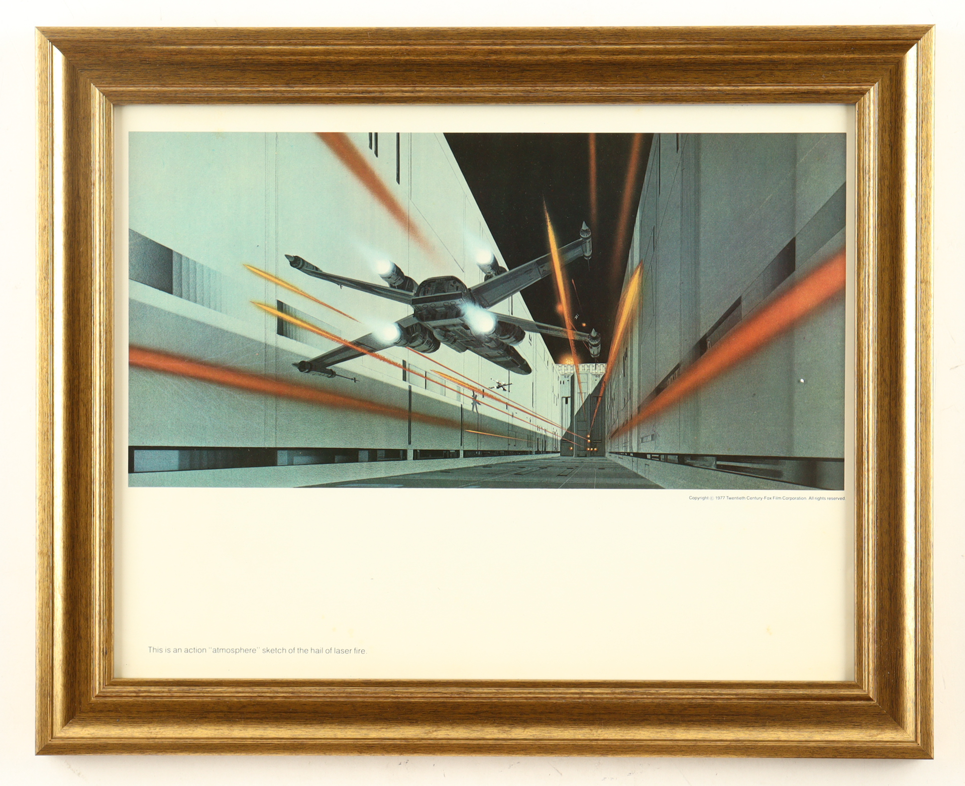 Star Wars "X-Wing Fighter in the Death Star Trenches" 1977 Ralph McQuarrie Custom Framed Pre-Production Art Photo Display at PristineAuction.com Star Wars "X-Wing Fighter in the Death Star Trenches" 1977 Ralph McQuarrie Custom Framed Pre-Production Art Photo Display at PristineAuction.com