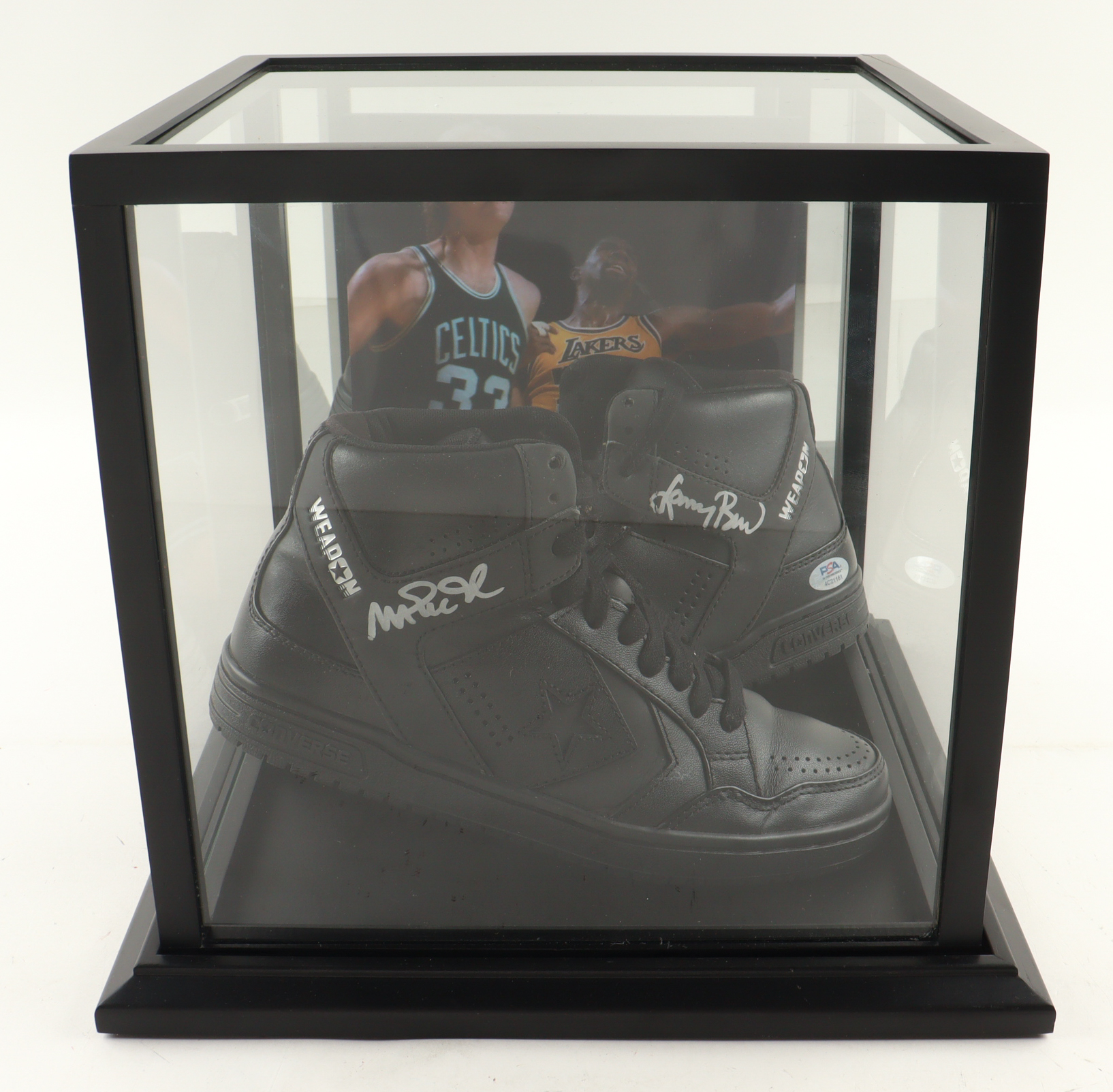 Magic Johnson & Larry Bird Signed Converse All Star Black Leather Shoes With Wood & Glass Display Case (PSA & Beckett) at PristineAuction.com Magic Johnson & Larry Bird Signed Converse All Star Black Leather Shoes With Wood & Glass Display Case (PSA & Beckett) at PristineAuction.com