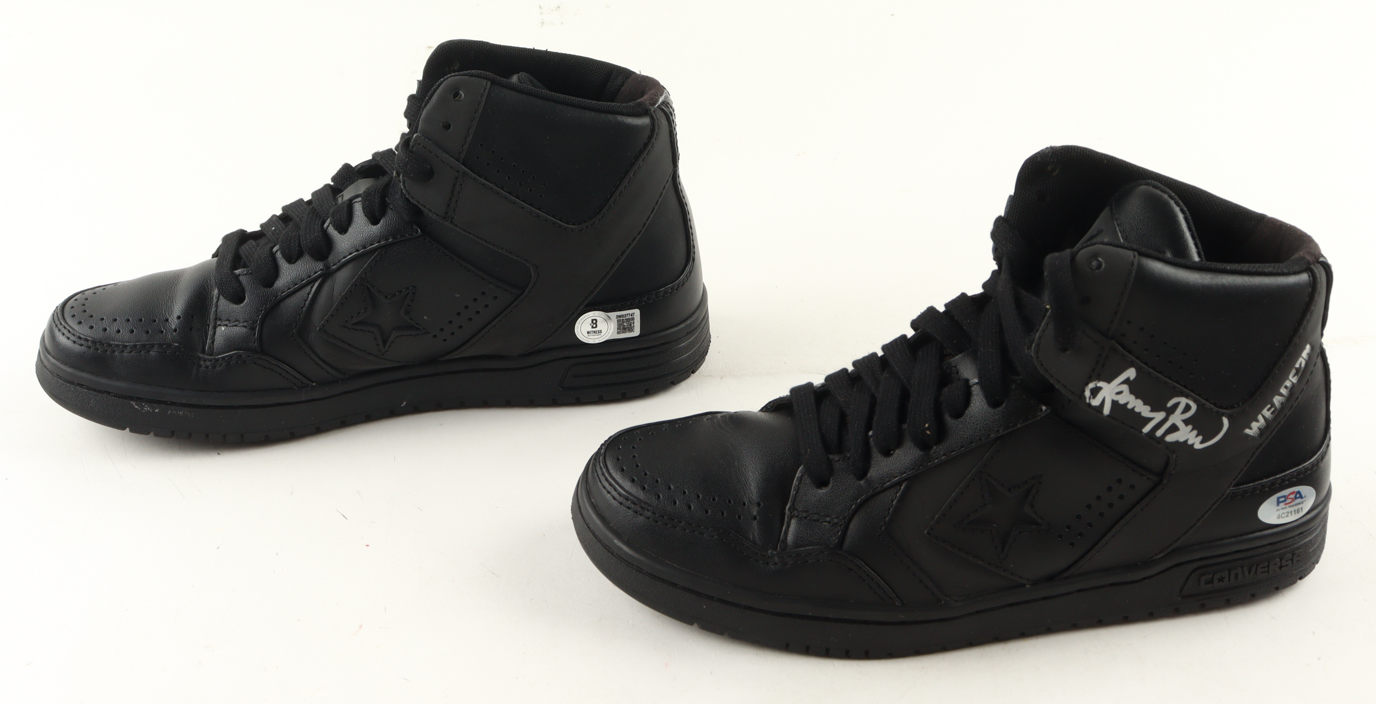 Magic Johnson & Larry Bird Signed Converse All Star Black Leather Shoes With Wood & Glass Display Case (PSA & Beckett) at PristineAuction.com Magic Johnson & Larry Bird Signed Converse All Star Black Leather Shoes With Wood & Glass Display Case (PSA & Beckett) at PristineAuction.com