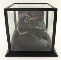Magic Johnson & Larry Bird Signed Converse All Star Black Leather Shoes With Wood & Glass Display Case (PSA & Beckett) at PristineAuction.com