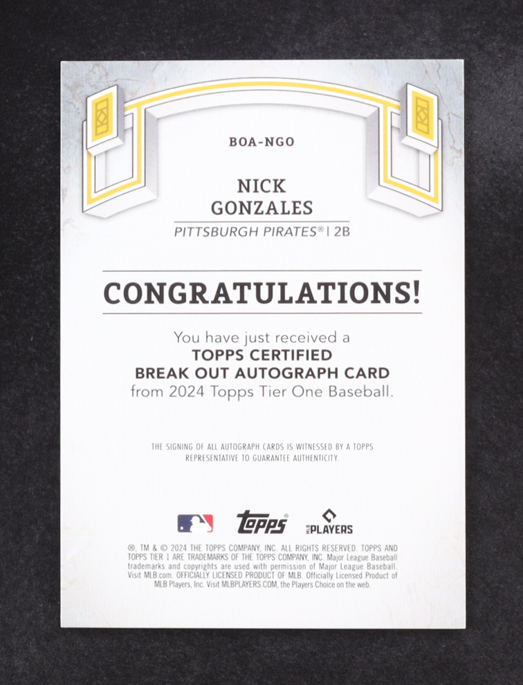 Nick Gonzales 2024 Topps Tier One Certified Break Out Auto #BOA-NGO #24/99 at PristineAuction.com Nick Gonzales 2024 Topps Tier One Certified Break Out Auto #BOA-NGO #24/99 at PristineAuction.com