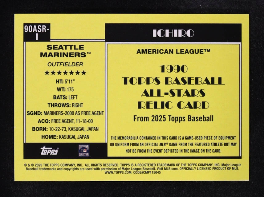 Ichiro 2025 Topps '90 Topps All Star Relics #90ASRI at PristineAuction.com Ichiro 2025 Topps '90 Topps All Star Relics #90ASRI at PristineAuction.com