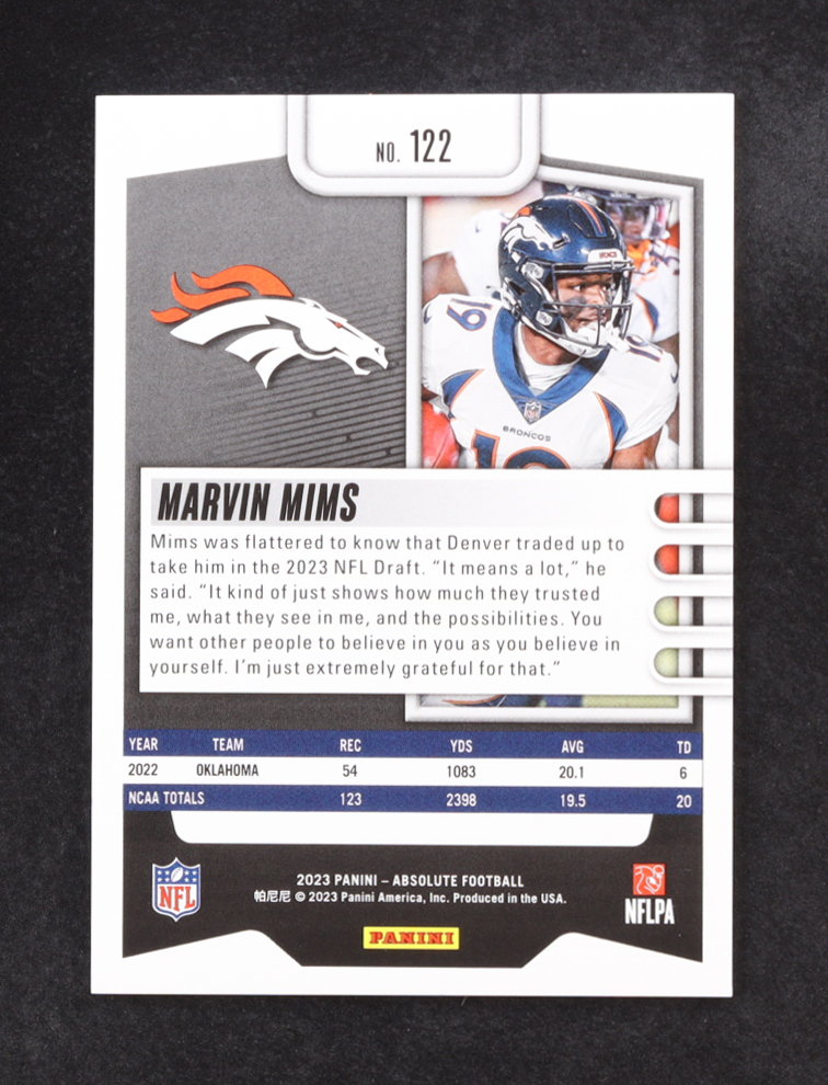 Marvin Mims 2023 Panini Absolute Red Spectrum #122 RC #017/100 at PristineAuction.com Marvin Mims 2023 Panini Absolute Red Spectrum #122 RC #017/100 at PristineAuction.com