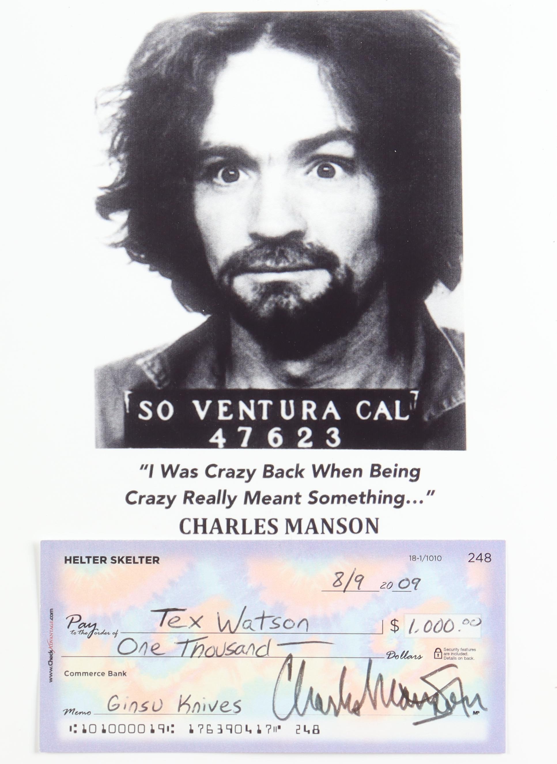 Charles Manson Signed 2009 Personal Check on Paper Display (JSA) at PristineAuction.com Charles Manson Signed 2009 Personal Check on Paper Display (JSA) at PristineAuction.com