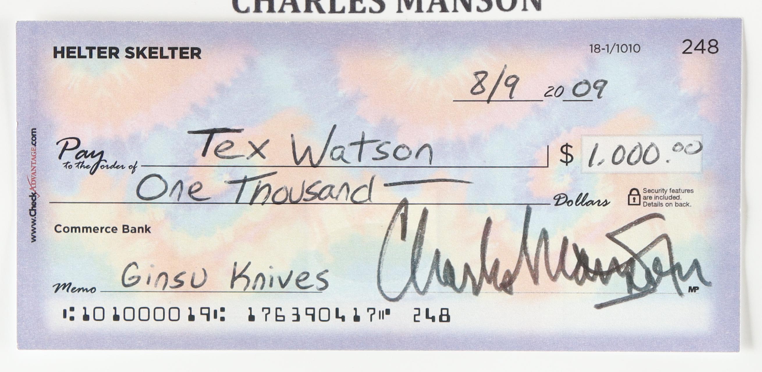 Charles Manson Signed 2009 Personal Check on Paper Display (JSA) at PristineAuction.com Charles Manson Signed 2009 Personal Check on Paper Display (JSA) at PristineAuction.com