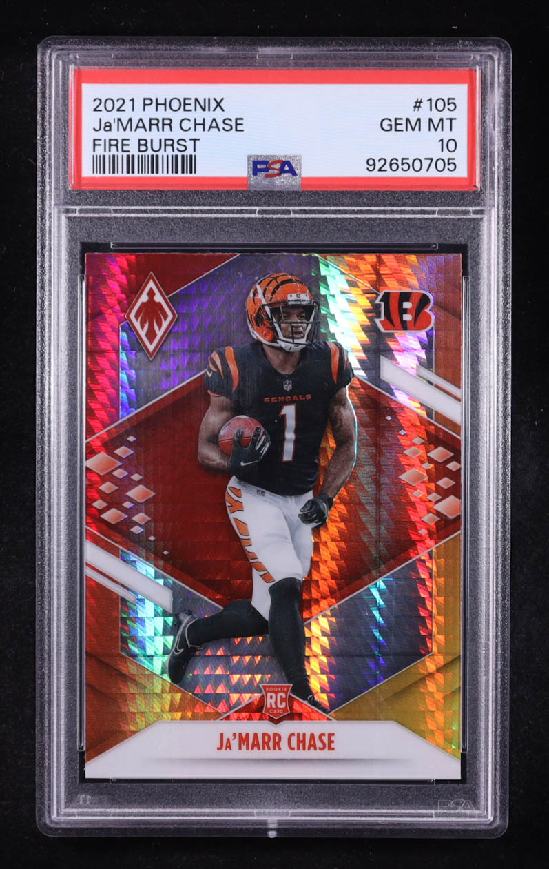 Ja'Marr Chase 2021 Panini Phoenix Fire Burst #105 RC (PSA 10) at PristineAuction.com Ja'Marr Chase 2021 Panini Phoenix Fire Burst #105 RC (PSA 10) at PristineAuction.com