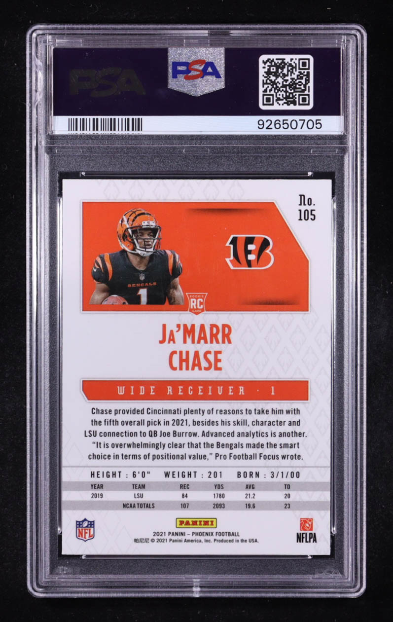 Ja'Marr Chase 2021 Panini Phoenix Fire Burst #105 RC (PSA 10) at PristineAuction.com Ja'Marr Chase 2021 Panini Phoenix Fire Burst #105 RC (PSA 10) at PristineAuction.com