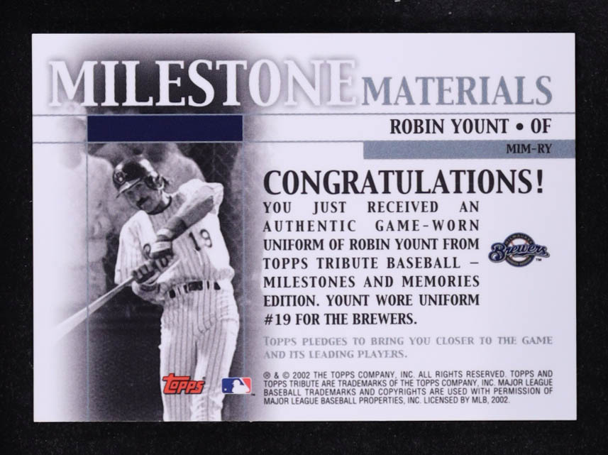 Robin Yount 2002 Topps Tribute Milestone Materials #RY Uni at PristineAuction.com Robin Yount 2002 Topps Tribute Milestone Materials #RY Uni at PristineAuction.com