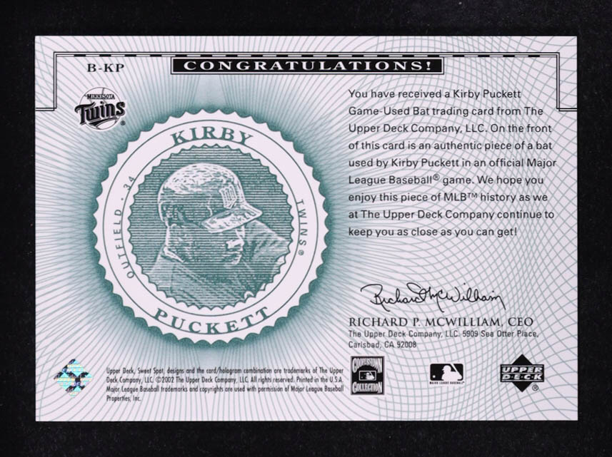 Kirby Puckett 2002 Sweet Spot Classics Game Bat #BKP DP at PristineAuction.com Kirby Puckett 2002 Sweet Spot Classics Game Bat #BKP DP at PristineAuction.com