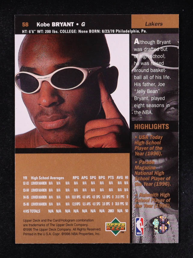 Kobe Bryant 1996-97 Upper Deck #58 RC at PristineAuction.com Kobe Bryant 1996-97 Upper Deck #58 RC at PristineAuction.com
