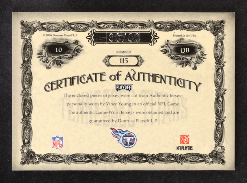 Vince Young 2006 Playoff National Treasures #115 #38/99 JSY AU RC at PristineAuction.com Vince Young 2006 Playoff National Treasures #115 #38/99 JSY AU RC at PristineAuction.com