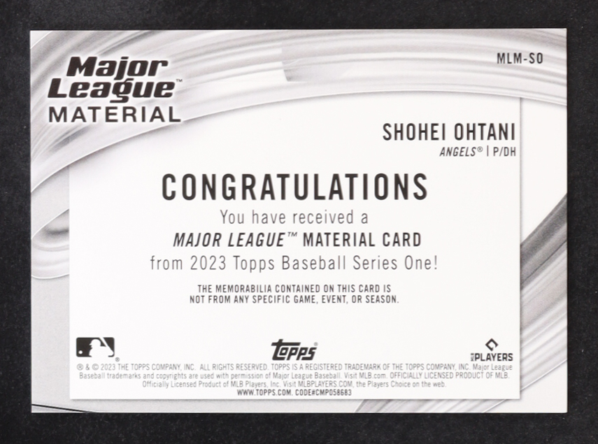 Shohei Ohtani 2023 Topps Major League Materials #MLMSO at PristineAuction.com Shohei Ohtani 2023 Topps Major League Materials #MLMSO at PristineAuction.com