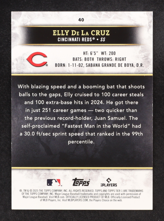 Elly De La Cruz 2025 Topps Tier One Purple Foil #40 #14/75 at PristineAuction.com Elly De La Cruz 2025 Topps Tier One Purple Foil #40 #14/75 at PristineAuction.com