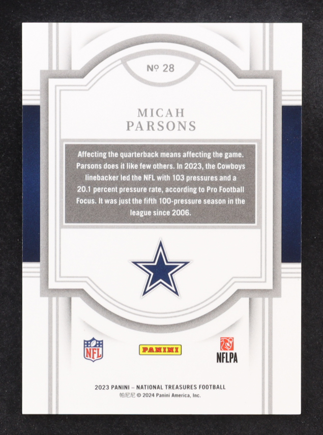 Micah Parsons 2023 Panini National Treasures #28 #31/99 at PristineAuction.com Micah Parsons 2023 Panini National Treasures #28 #31/99 at PristineAuction.com