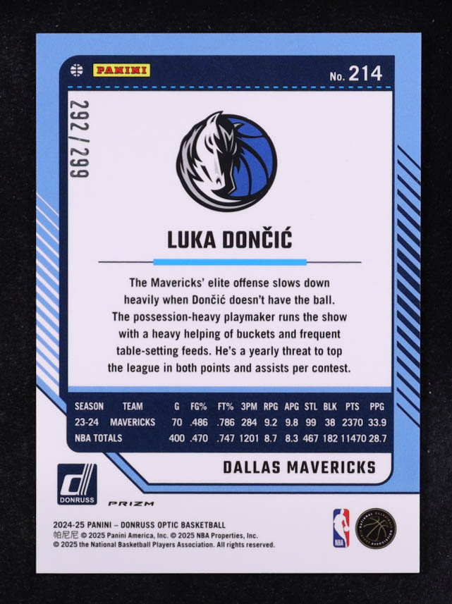 Luka Doncic 2024-25 Donruss Optic Hyper Orange #214 #292/299 at PristineAuction.com Luka Doncic 2024-25 Donruss Optic Hyper Orange #214 #292/299 at PristineAuction.com