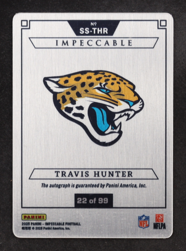 Travis Hunter 2025 Panini Impeccable Stainless Stars Autographs #2 #22/99 RC at PristineAuction.com Travis Hunter 2025 Panini Impeccable Stainless Stars Autographs #2 #22/99 RC at PristineAuction.com
