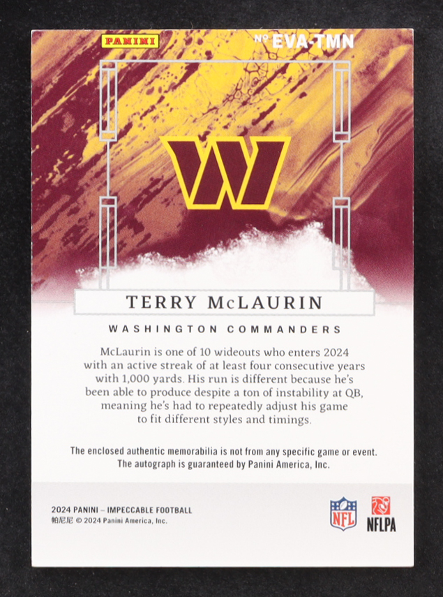 Terry McLaurin 2024 Panini Impeccable Elegance Patch Autograph #EVA-TMN #24/75 at PristineAuction.com Terry McLaurin 2024 Panini Impeccable Elegance Patch Autograph #EVA-TMN #24/75 at PristineAuction.com