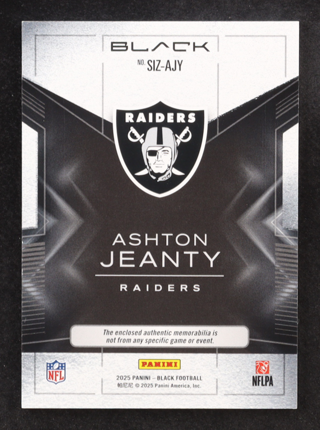 Ashton Jeanty 2025 Panini Black Sizeable Rookie Memorabilia Emerald #20 #05/25 RC at PristineAuction.com Ashton Jeanty 2025 Panini Black Sizeable Rookie Memorabilia Emerald #20 #05/25 RC at PristineAuction.com