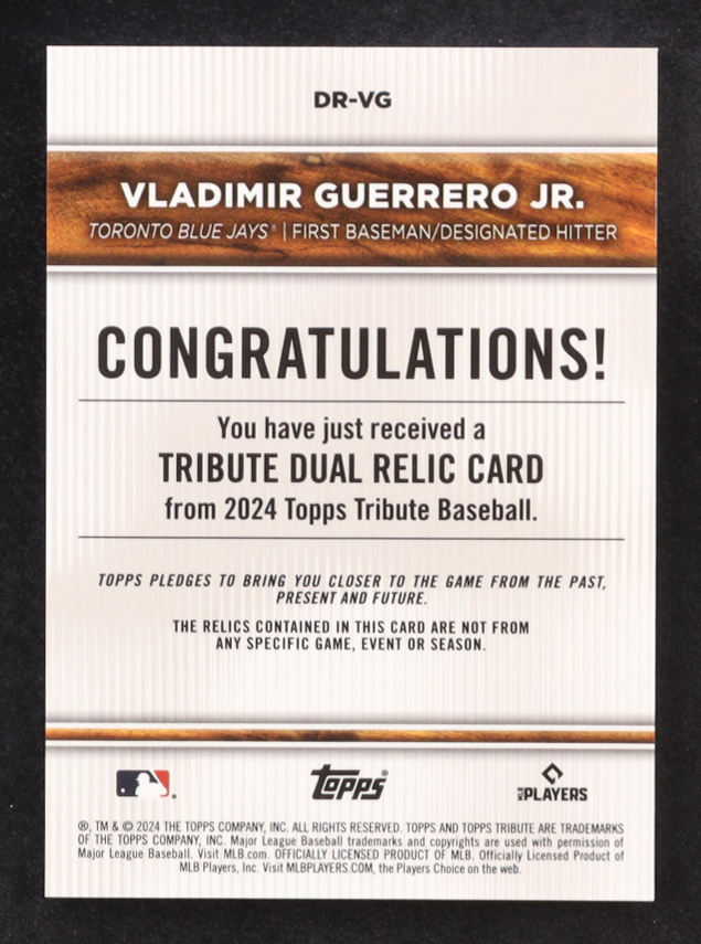 Vladimir Guerrero Jr. 2024 Topps Tribute Dual Relics Blue #DRVG #046/150 at PristineAuction.com Vladimir Guerrero Jr. 2024 Topps Tribute Dual Relics Blue #DRVG #046/150 at PristineAuction.com