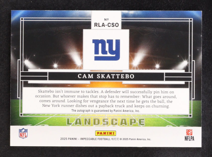 Cam Skattebo 2025 Panini Impeccable Rookie Landscape Autographs Red #2 #45/75 RC at PristineAuction.com Cam Skattebo 2025 Panini Impeccable Rookie Landscape Autographs Red #2 #45/75 RC at PristineAuction.com